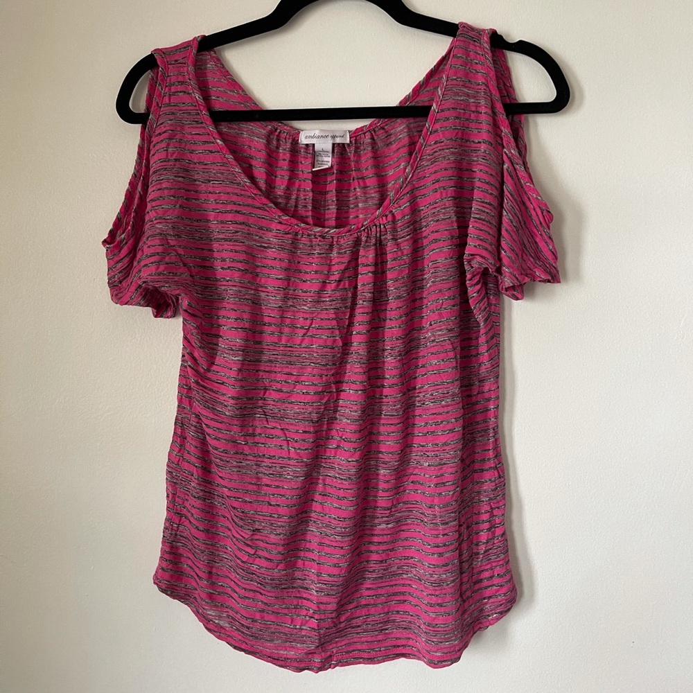 PINK & GREY STRIPED COLD-SHOULDER TOP